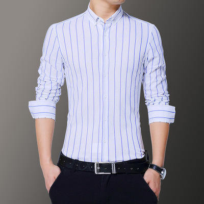 春秋季男士长袖衬衫韩版潮流修身商务条纹衬衣男青年休闲上衣新款