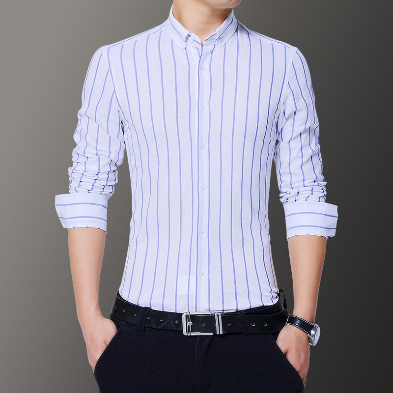 春秋季男士长袖衬衫韩版潮流修身商务条纹衬衣男青年休闲上衣新款