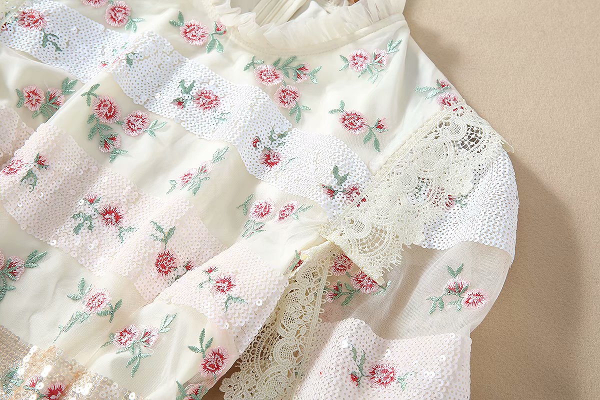 1219-05 珠片绣小花连衣裙码数SMLXL颜色蓝色杏粉色