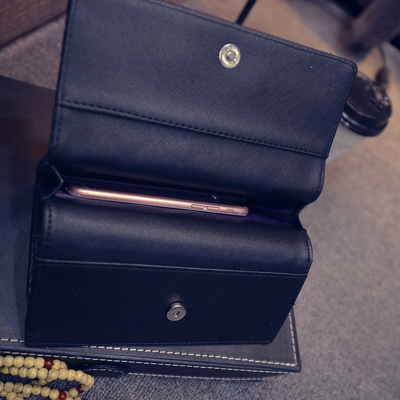 195g Weight Polyester Lining Material Magnetic Buckle Closure Type Pu Leather Material Solid Color Pattern Women'S Gender Fashion Style Square Shape Pink, Champagne, Black Color Korean  Diamond Tri-fold Large-capacity Wallet Wholesale 无