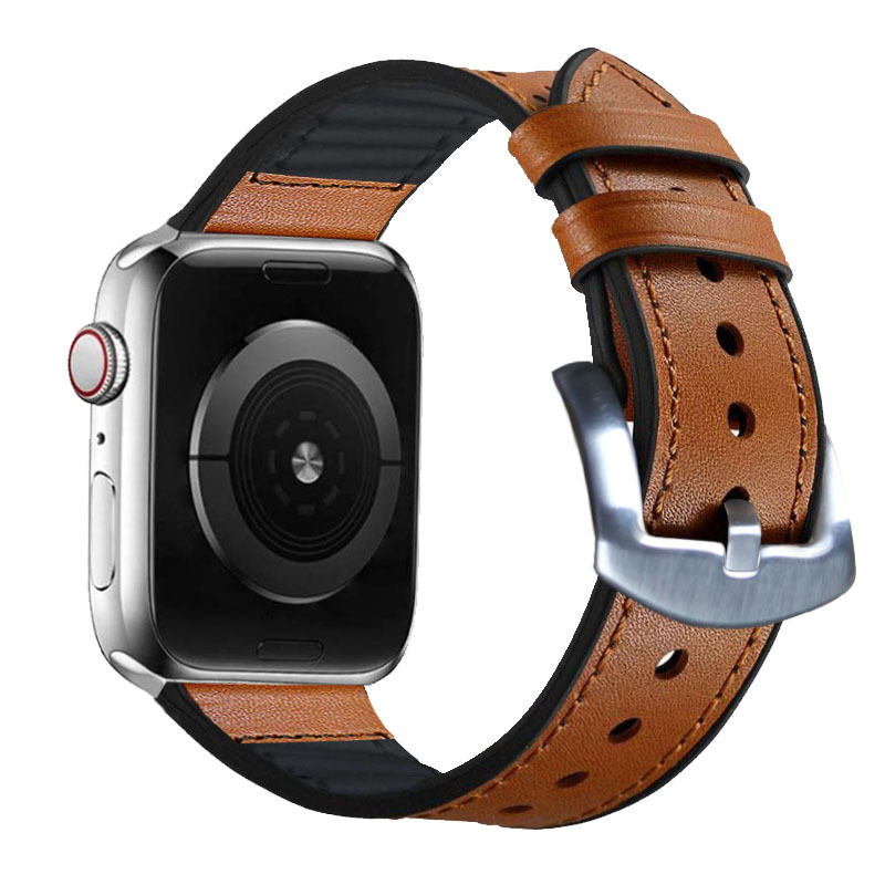 适用苹果硅胶真皮表带 apple watch5 band真皮表带银色连接器新款|ru