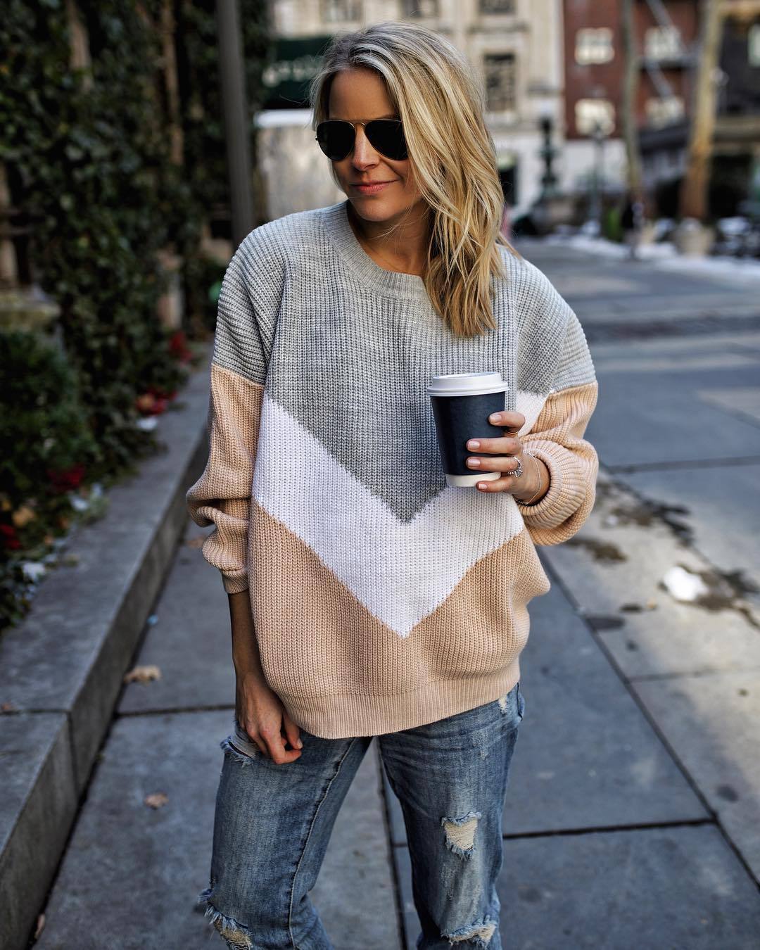 Damen-Pullover mit Rundhalsausschnitt, Basispullover, Strickpullover, Netzwerkrot, INS-Patchwork, lockerer Pullover_voghion.com