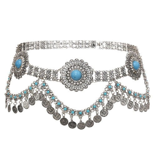 European and American retro belly dance waist chain, exaggerated metal texture coins, diamond-encrusted hollow dance accessories wholesale