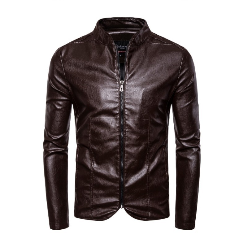 2019 autumn and winter new men's motorcycle stand collar PU leather coat men's slim-fit solid color zipper faux leather casual