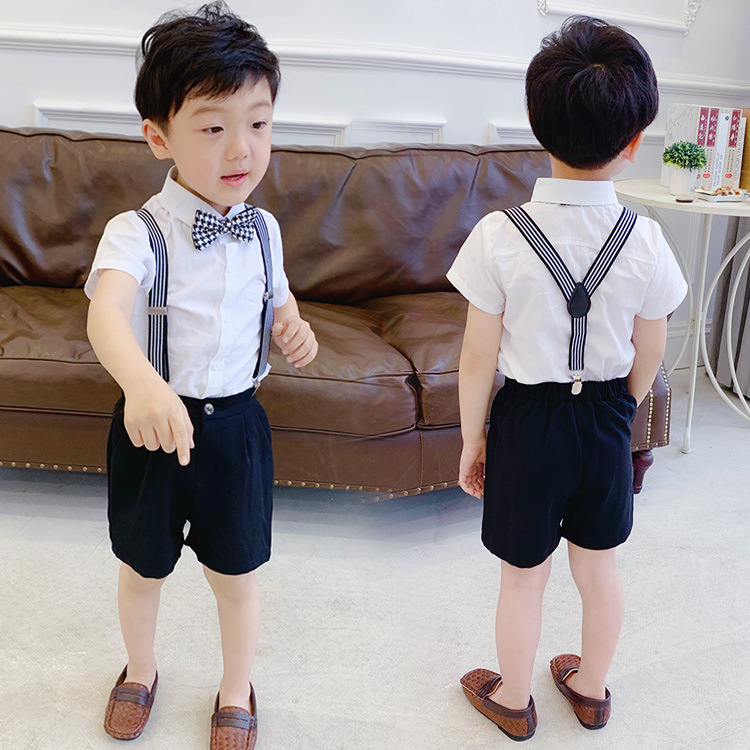 2021 summer children's suit short sleeve shirt strap shorts two-piece children's performance clothes Korean version walk show