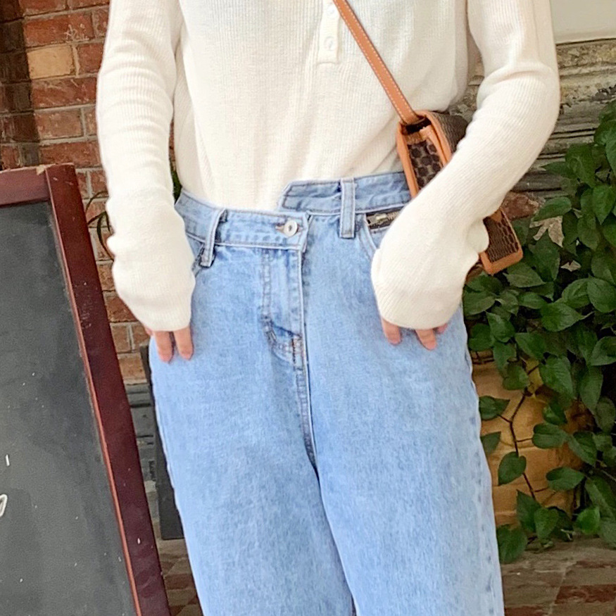誉一2020春季韩版错位高腰假拉链萝卜裤复古休闲百搭学生牛仔裤女