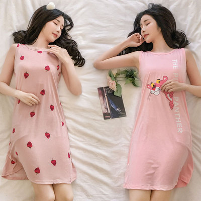 2021夏季背心睡裙女薄款外贸牛奶丝连衣裙圆领可爱女士家居服夏|ru