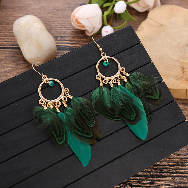 Daisy new round green bead feather earrings long European and American simple women's feather ear jewelry wholesale