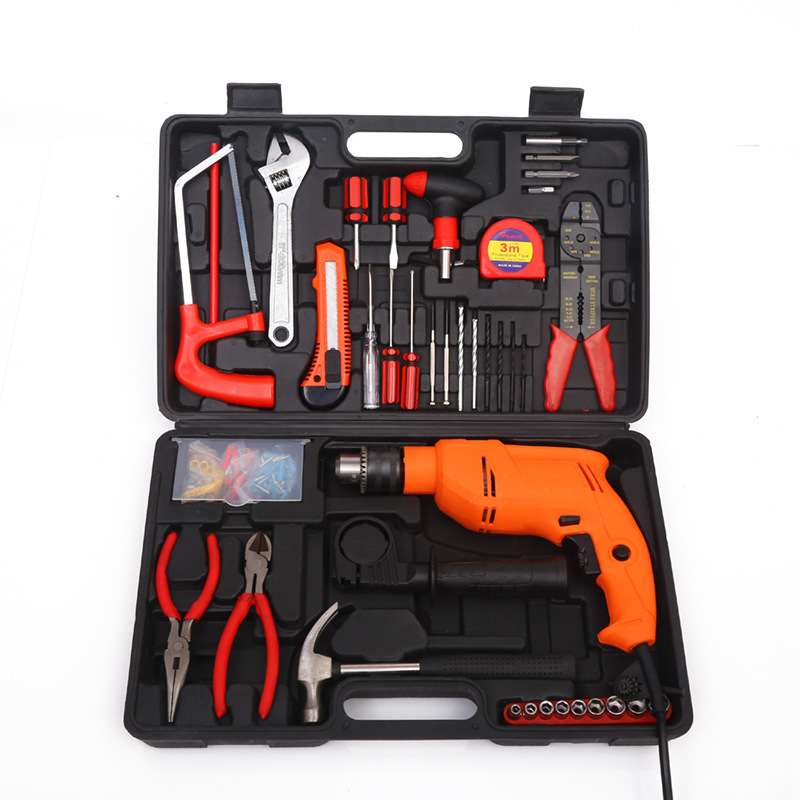 Taladro de mano para el hogar multifunción taladro de impacto traje taladro eléctrico pequeña caja de herramientas conjunto pistola de mano taladro personalización