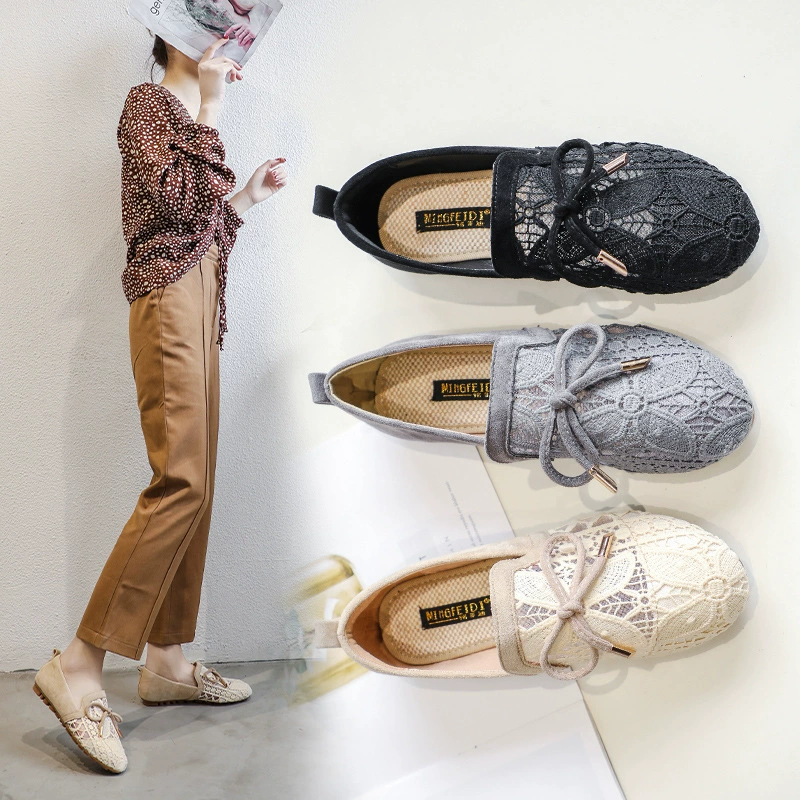 Милые кружевные туфли принцессы в Корейском стиле, модные черные сетчатые туфли на плоской подошве, женская повседневная обувь больших размеров, 41-43