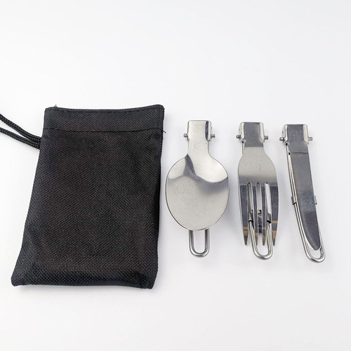 Cross-border exclusive three-piece stainless steel folding tableware set for outdoor travel, portable folding knife, fork and spoon in cloth bag