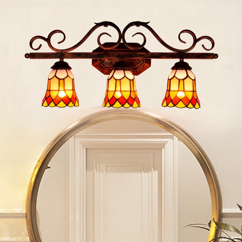 Tiffany Safflower Stained Glass Bathroom Mirror Headlight American Corridor Bar Restaurant Triple Wall Lamp
