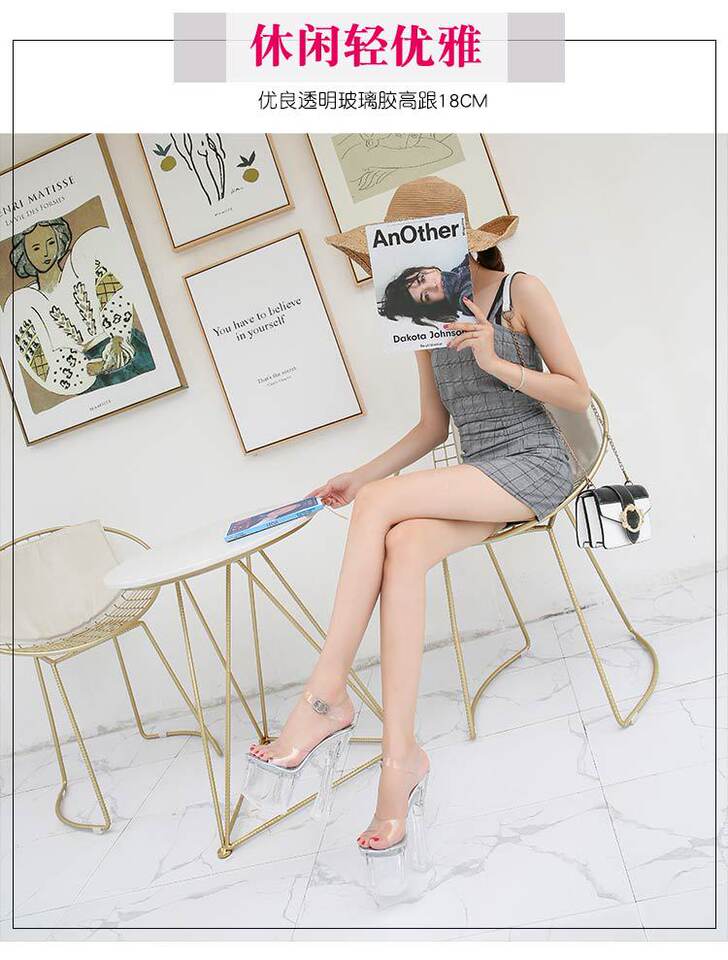 Giày cao gót nữ trong suốt gót vuông 18 cm, đế dày 8 cm, quai ngang hở mũi phong cách thanh lịch — Màu bạc, Trắng, hồng, màu tím chi tiết 2