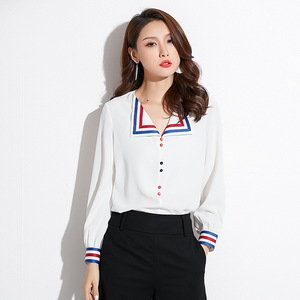 Fall Collision Colored Ribbon Nail Pearl V-Collar Chiffon Shirt 