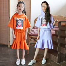 女童套装2020夏韩版连帽上衣+荷叶边半身裙儿童印花休闲两件套
