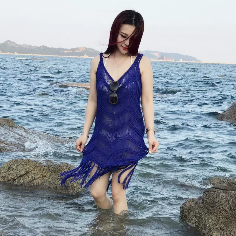 新款带流苏沙滩背心裙气质女生比基尼罩衫 糖果色性感沙滩度假裙