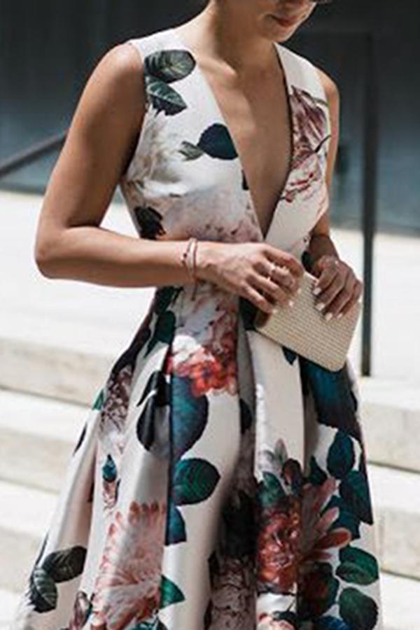 Printing Design Vacation Style Wholesale Women's Vacation Printing Printing Holiday Daily Beach V Neck Sleeveless Princess Dress