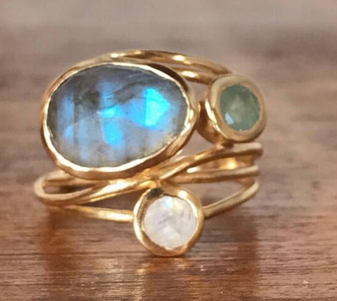 24K chapado en oro con incrustaciones colorido anillo de piedra lunar de las mujeres europeas y americanas creativo multi-capa anillo de concha