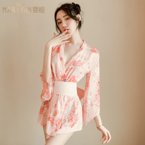 Manyan sexy lingerie women's Japanese sexy printed cat bow kimono bathrobe uniform suit dropshipping 9726
