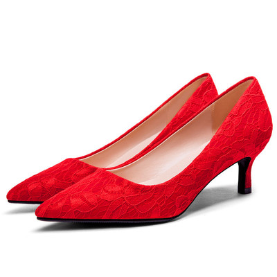 2019蕾丝5.5厘米619-5红色高跟婚鞋敬酒鞋尖头水钻新娘鞋女单鞋|ms