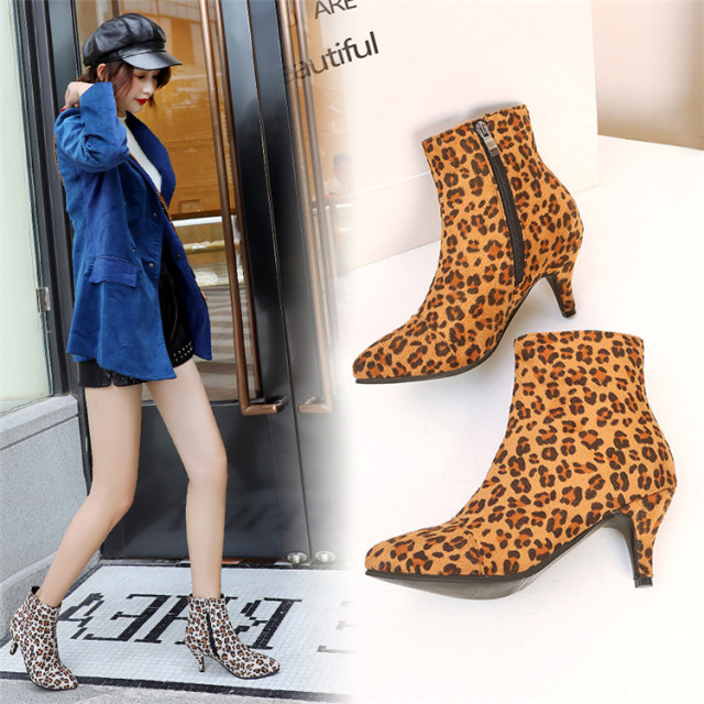 Women’s shoes new leopard print short boots in autumn European and American thin high heels women’s boots 