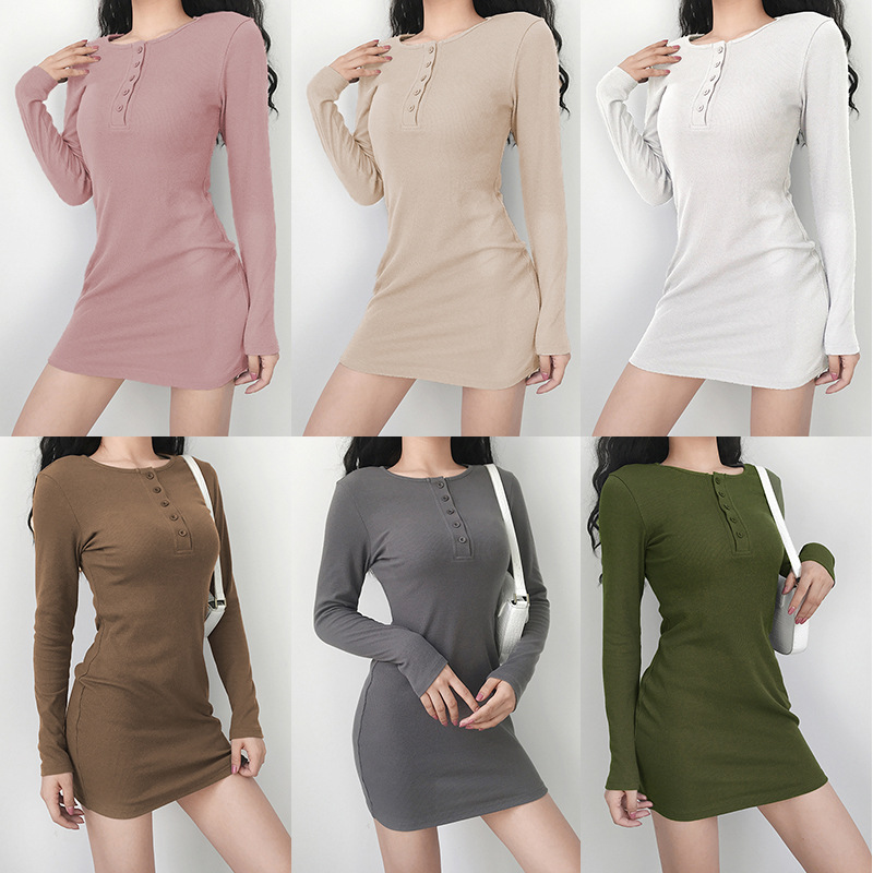 Multicolor round neck buttoned dress fem...