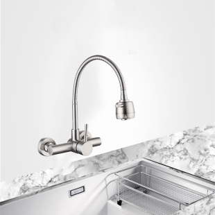 304 stainless steel wall type single handle double hole 360 degree turn cold and hot water washing basin faucet kitchen faucet wholesale