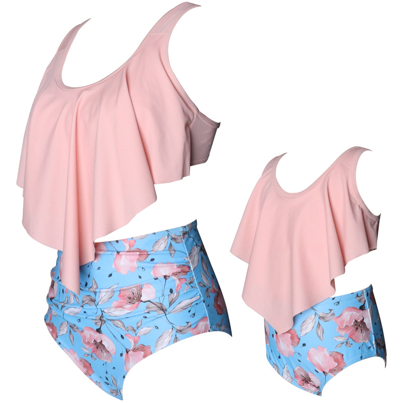 European And American Split Swimsuit Female Printed High Waist Ruffled Parent-child Swimwear