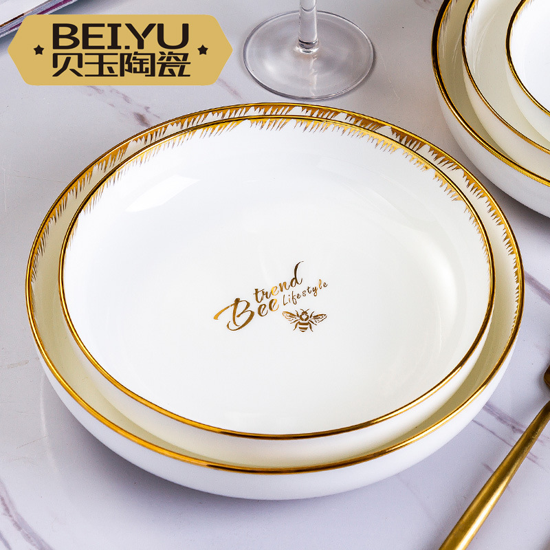 Beiyu Little Bee Jingdezhen European-style Bone China Deep Plate Dish Household Ceramic Salad Plate Nest Plate Soup Plate Wholesale