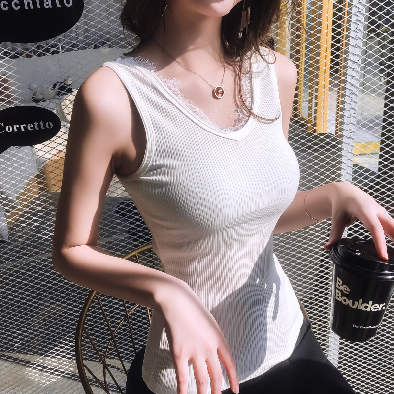 新款百搭睫毛蕾丝拼接吊带背心女V领内搭修身打底衫螺纹棉上衣夏|ms