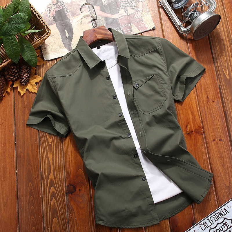 Men's Pure Cotton Solid Color Shirt Short-sleeved Youth Fashion All-match Slim-fit Military Style Military Green Short-sleeved Top for Men