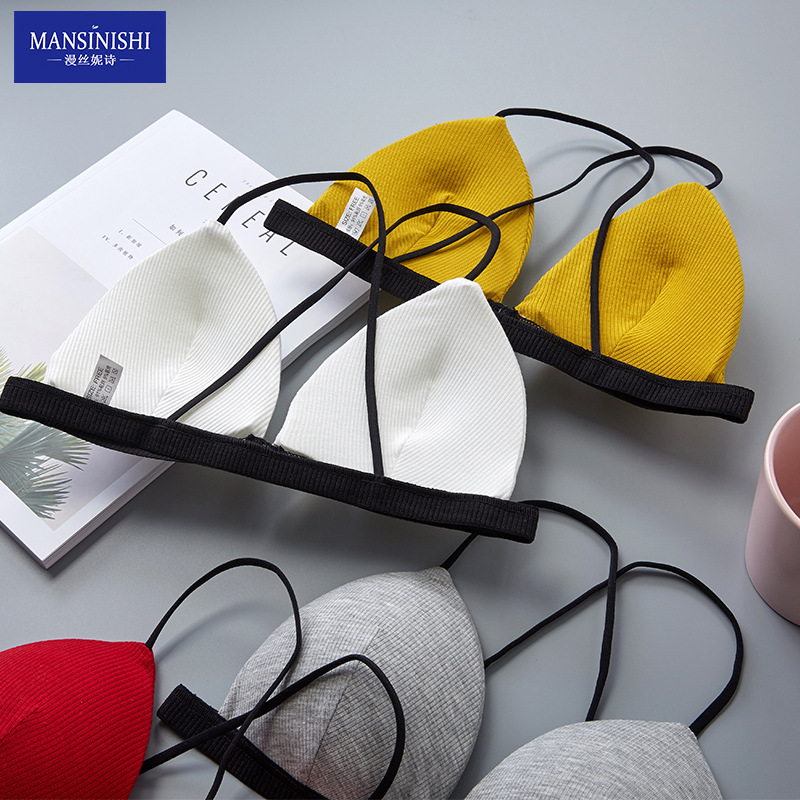 Front Buckle Threaded Chest Wrapping Cross Sling Beautiful Back No Steel Ring Contrast Color Wrapping Chest Sexy Push-up French Triangle Cup Bra