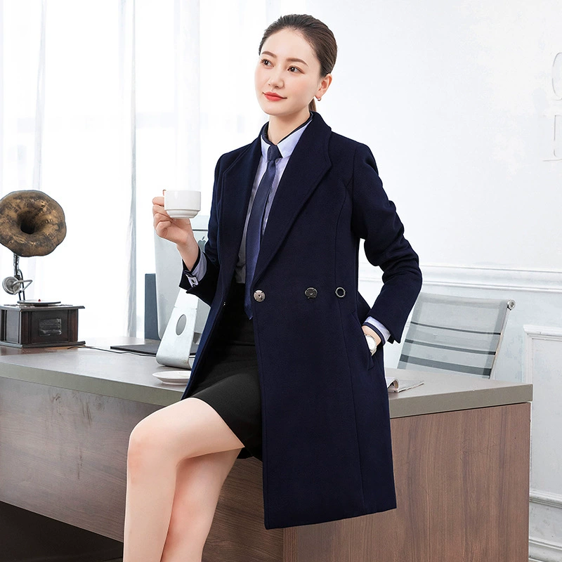 Деловая одежда Шерстяное пальто Длинное черное почтовое оборудование Отдел продаж Рабочая одежда Шерстяное пальто Женское зимнее утепленное