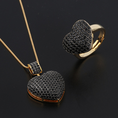 Cross-border pendant women's heart-shaped micro-set zirconia ring pendant set creative love jewelry ring set of two