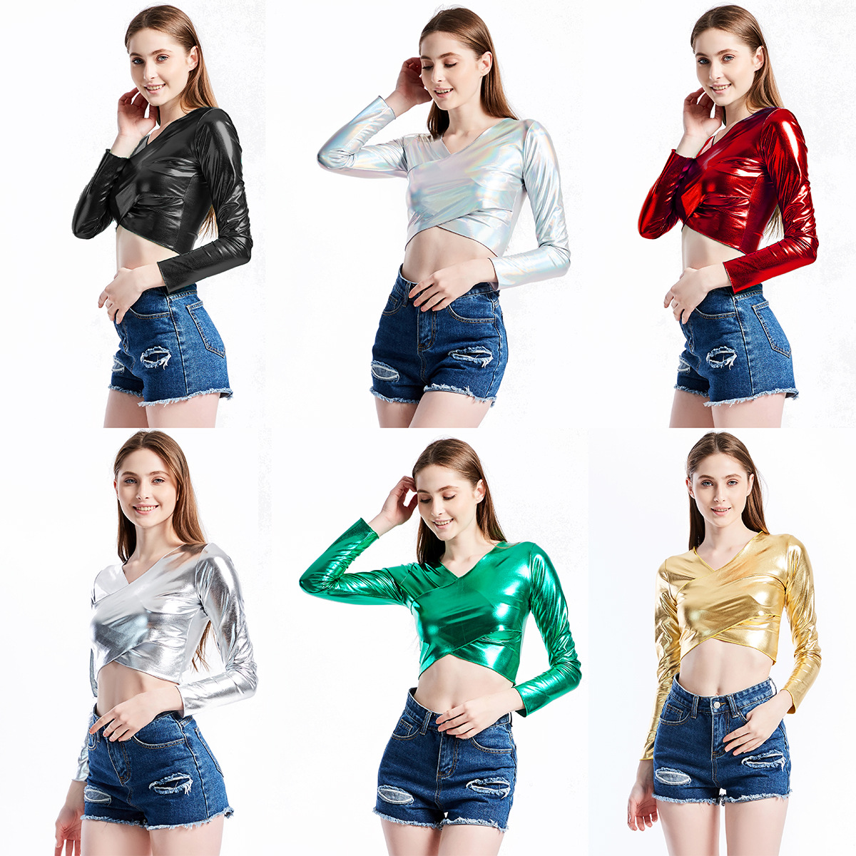 Manufacturer Export New Style Bright Leather Patent Leather Rubberized Stage Outfit Cross V Neck Long-Sleeved Performance Clothing Factory Wholesale