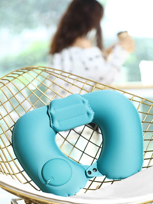 跨境熱銷新款拖頸自動充氣U型枕 旅行坐車飛機神器便攜按壓吹氣枕