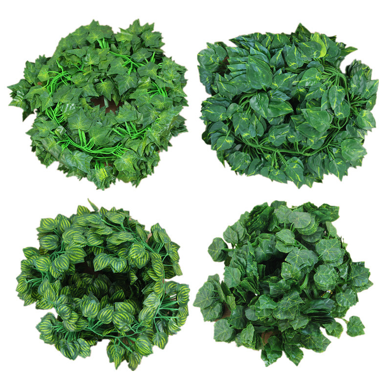Venta al por mayor de simulación de hoja de uva escalada Tigre ratán Gecko hoja de simulación de plástico planta verde rábano hoja falsa flor decorativa vid