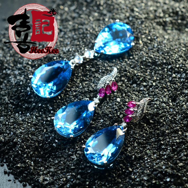 925银镶嵌天然瑞士蓝托帕石耳坠套装 原矿裸石厂家定制 支持检查