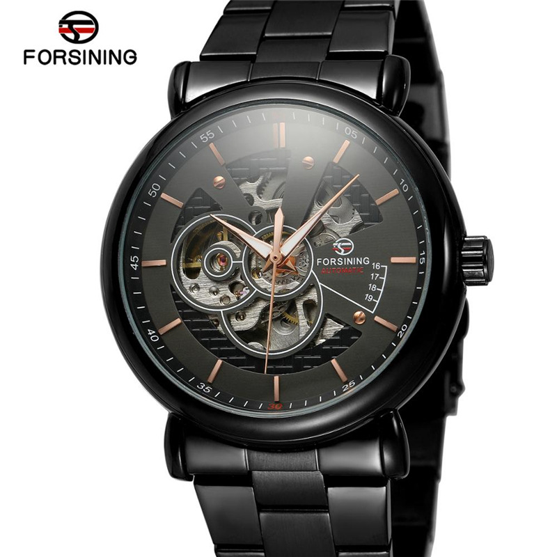 Forsining Fusini cinturón de acero casual reloj mecánico automático transparente hueco impermeable reloj 726