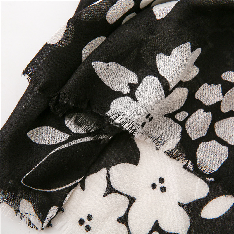 200g Weight Flower Pattern Women'S Gender Sweet Style Black And White Printed Cotton And Linen Scarf Sunscreen Scarf Silk Scarf Long Shawl 8