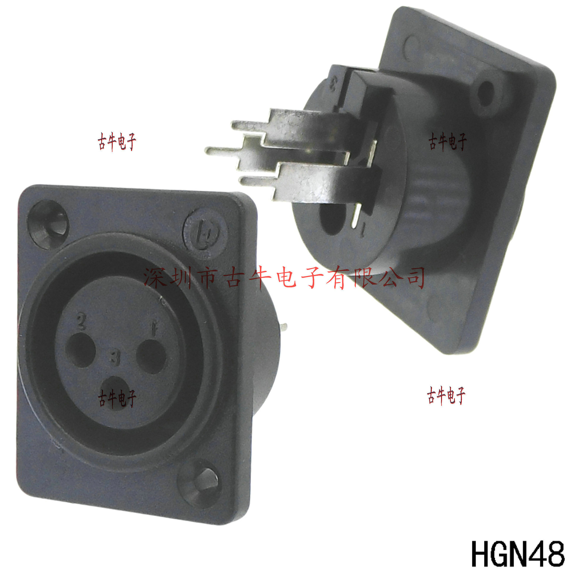 HGN48 3P 180°立式方型卡侬母座（镀镍薄座长脚) 卡龙OK插座