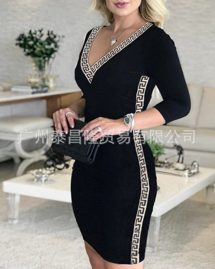 Европейское и американское трансграничное женское платье со средними рукавами и v-образным вырезом, облегающая сексуальная юбка с глубоким вырезом, облегающая бедра