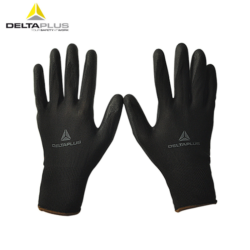 代尔塔201707黑色PU涂掌手套 建筑工地耐磨劳保手套 工业防护手套