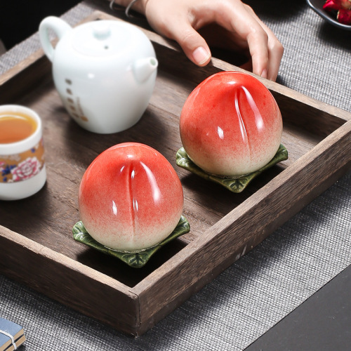 Creative ceramic peach-shaped tea canister, small-sized sealed jar with custom logo engraving—Fushengfan Peach-themed Pu-erh Tea Storage Container for Home Use, Wholesale