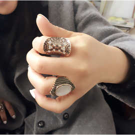 R1323波西米亚民族风古金雕花宝石戒指食指关节指环两件组合套装