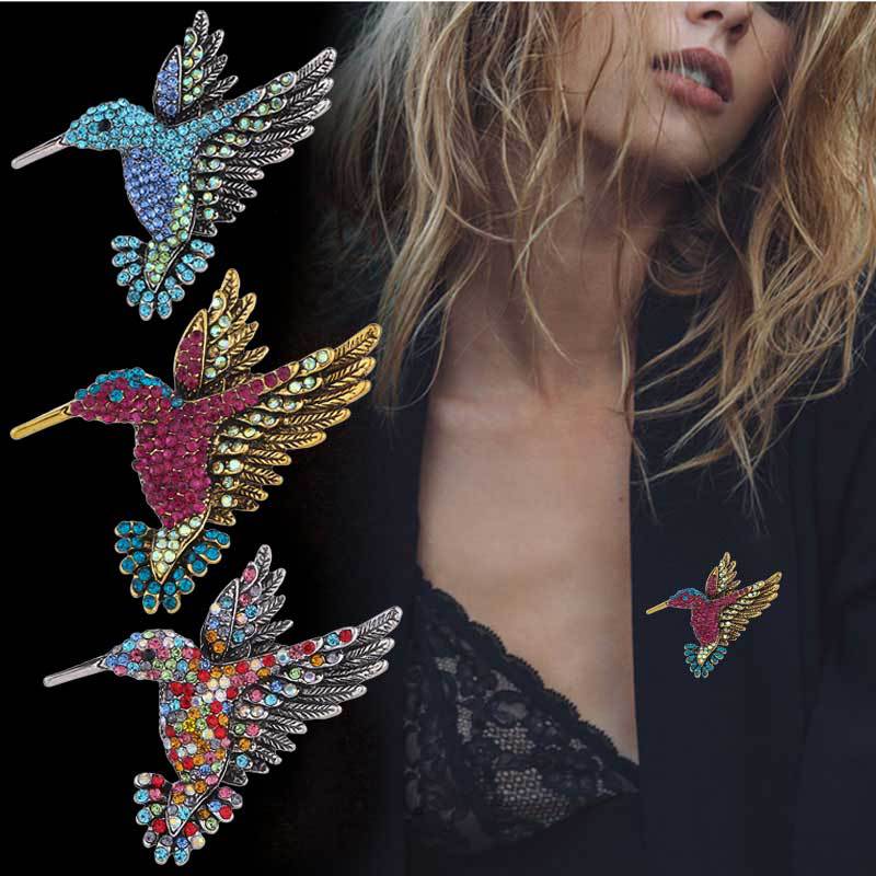 Comercio al por mayor de Europa y América transfronteriza nuevo diamante colibrí broche personalidad animal pin ramillete ropa de moda collar PIN para las mujeres