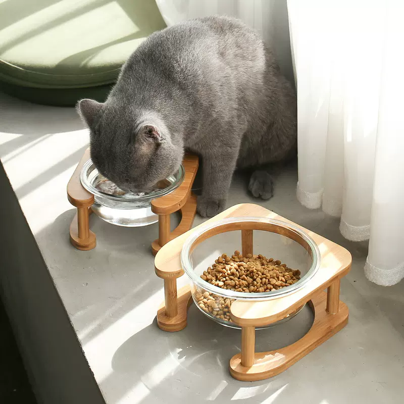 玻璃猫碗猫咪食盆猫咪粮碗狗盆狗碗饮水碗双碗保护颈椎玻璃宠物碗