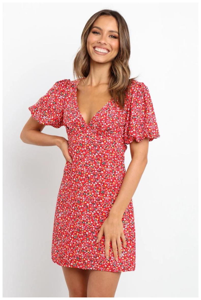 Printed Turtleneck Short Sleeve V-neck A-line Dress Nihaostyles wholesale clothing vendor NSJRM72244