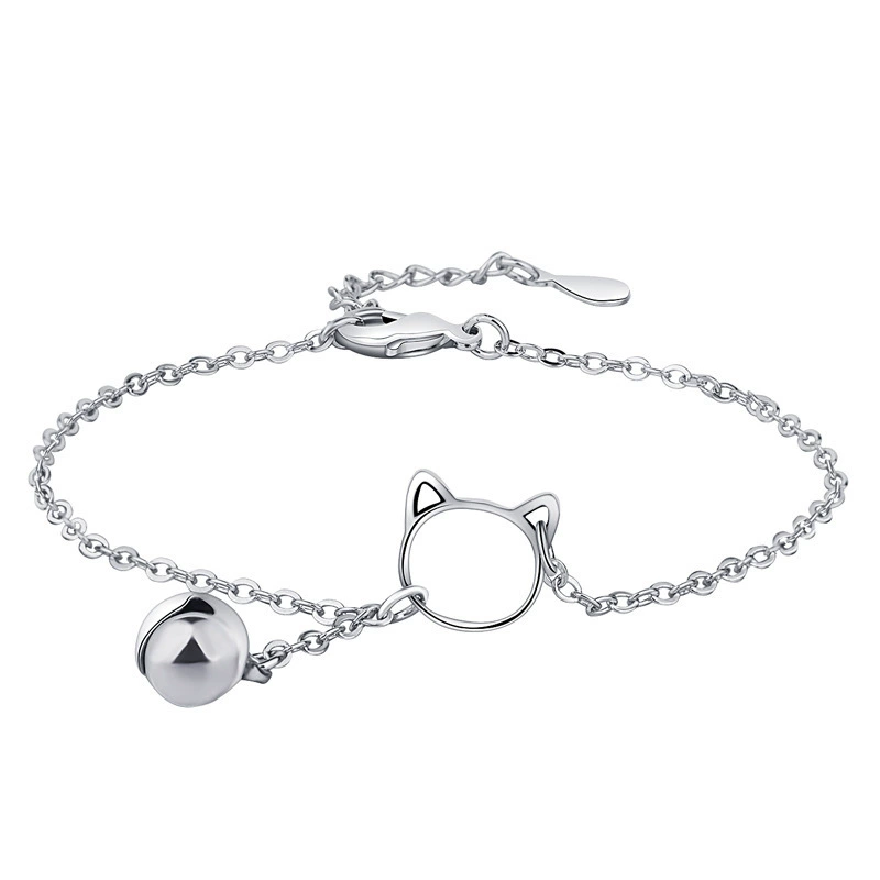 Bracelet (Emei) Cat charm with bell, Korean minimalist silver bracelet, simple student gift