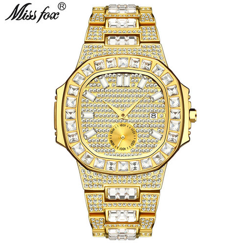 MISSFOX European and American fashion punk hip-hop diamond-filled men's watch gold waterproof calendar quartz watch trendy